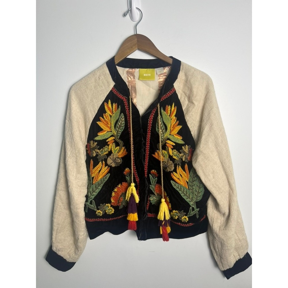 Maeve Anthropologie SM Velvet Embroidered Floral Tassel Jacket Black Cream Y2K
